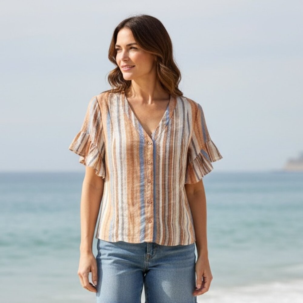 Drew Beverly Linen Striped Ruffle Sleeve Top M #231E
